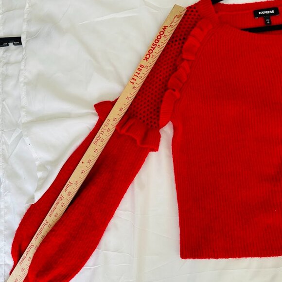 Express Women Red Knit Ruffled Eyelet Detail Ballon Sleeve Pullover Sweater Sz S - Picture 11 of 11